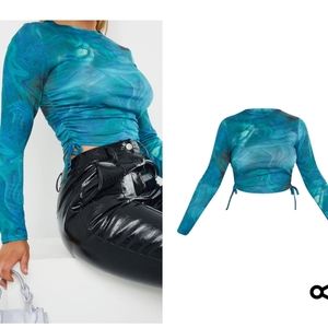 Prettylittlething blue print Jersey tie ruched side long sleeve crop top
